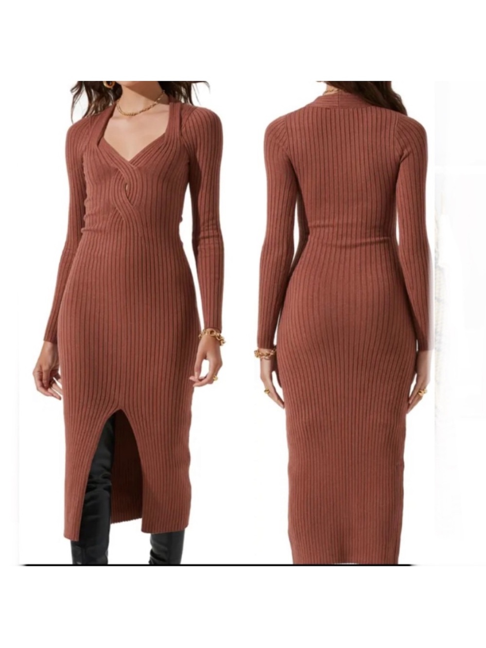 Astr Ribbed V-Neck Long Sleeve Midi Dress - Burnt Sienna